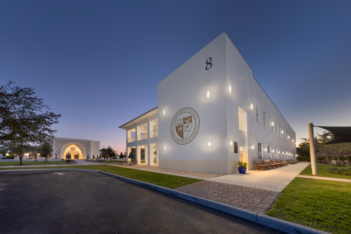 Architectural dusk overview of Palmer Trinity chapel and student center in Miami, FL